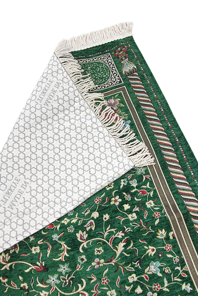Yeşil Çiçekli Ravza Desenli Astarlı Şönil Seccade - Resim 2