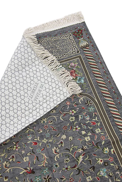Gri Çiçekli Ravza Desenli Astarlı Şönil Seccade - Resim 2