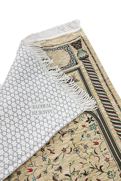 Krem Çiçekli Ravza Desenli Astarlı Şönil Seccade - Resim 2