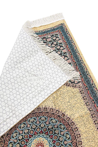 Krem Geleneksel Motifli Örgü Saçaklı Mihraplı Astarlı Şönil Seccade - Resim 2