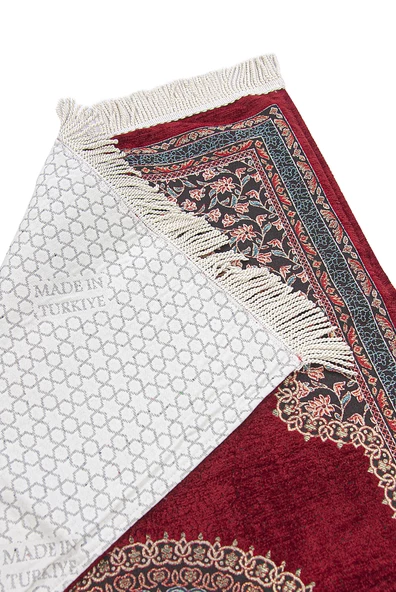 Bordo Geleneksel Motifli Örgü Saçaklı Mihraplı Astarlı Şönil Seccade - Resim 2