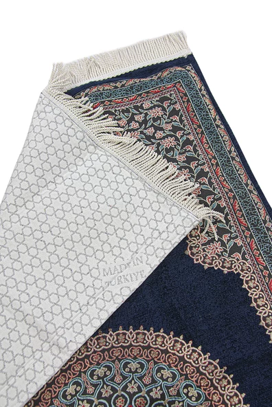 Lacivert Geleneksel Motifli Örgü Saçaklı Mihraplı Astarlı Şönil Seccade - Resim 2