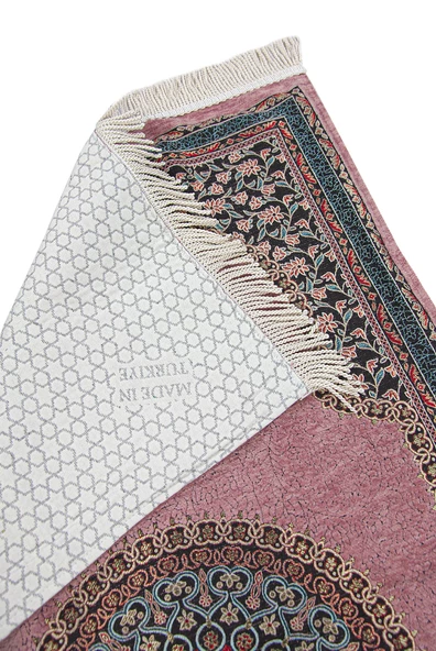 Pembe Geleneksel Motifli Örgü Saçaklı Mihraplı Astarlı Şönil Seccade - Resim 2