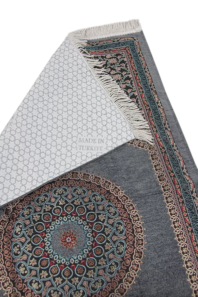 Gri Geleneksel Motifli Örgü Saçaklı Mihraplı Astarlı Şönil Seccade - Resim 2