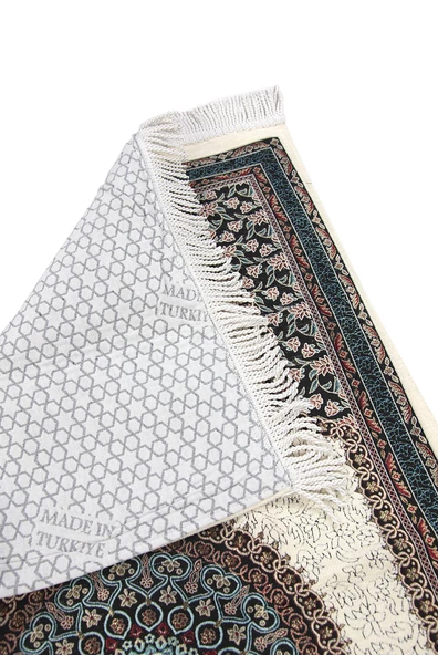 Beyaz Geleneksel Motifli Örgü Saçaklı Mihraplı Astarlı Şönil Seccade - Resim 2