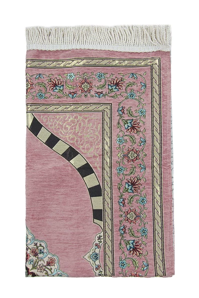 Pembe Çiçek Motifli Mihraplı Astarlı Şönil Seccade - Resim 3