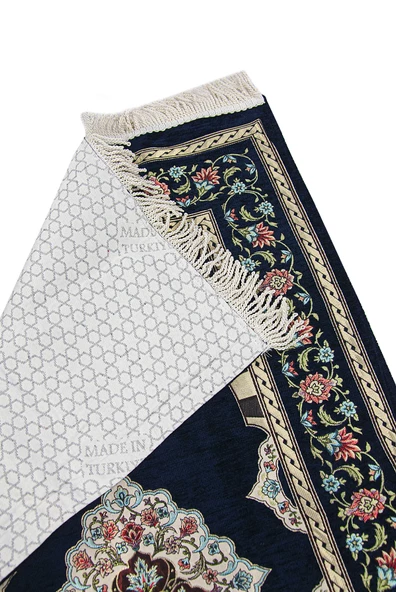 Koyu Lacivert Çiçek Motifli Mihraplı Astarlı Şönil Seccade - Resim 2