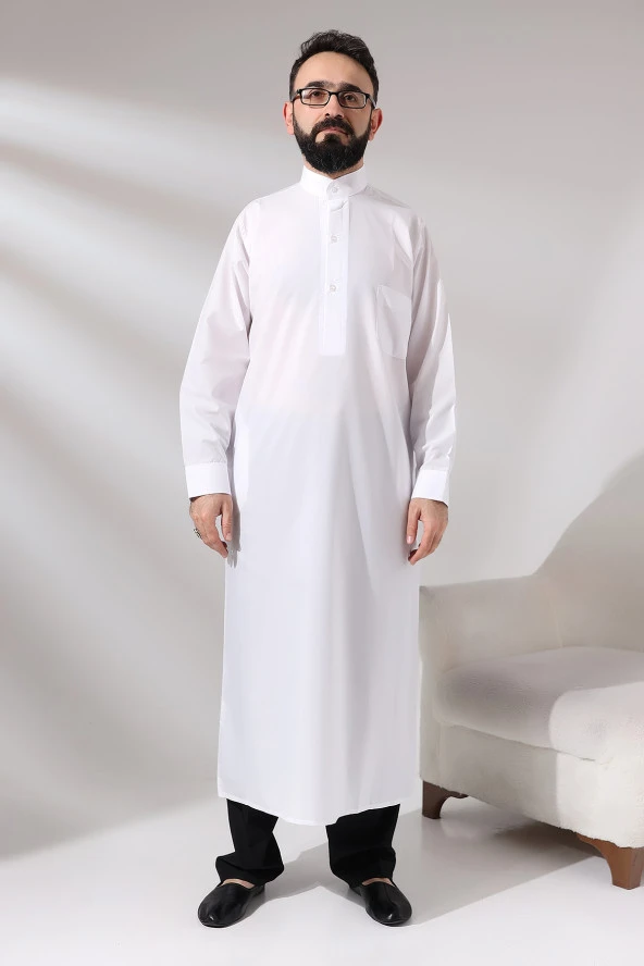 Erkek Beyaz Çınar Hac ve Umre Kıyafeti Boydan Uzun Dagron Kumaş Fistan