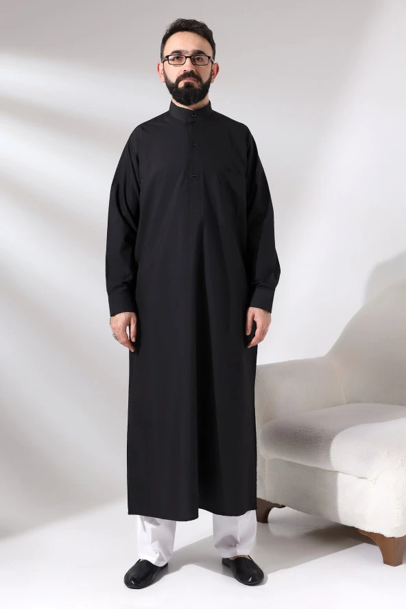 Erkek Siyah Çınar Hac ve Umre Kıyafeti Boydan Uzun Dagron Kumaş Fistan
