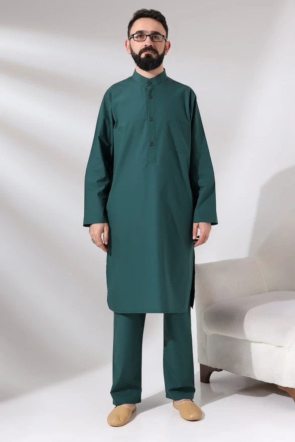 Erkek Hac ve Umre Kıyafeti İkili Alt Üst Afgan Takım Yeşil