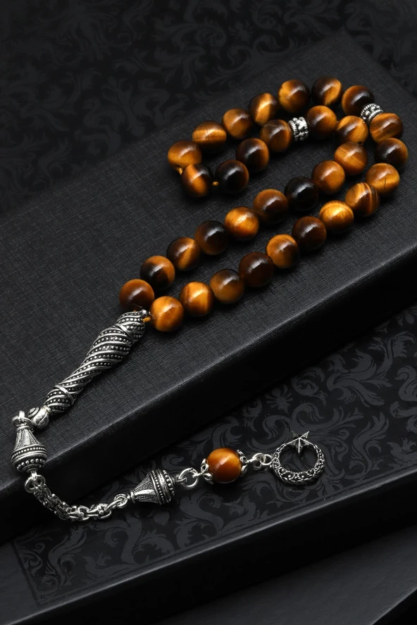 Kaplan Gözü Doğal Taş Tesbih 925 Ayar Gümüş 8 mm Küre Kesim ürün görseli