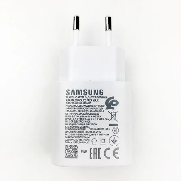 Day Samsung Galaxy A20 Orijinal EP-TA800XWEGWW 25W Type-C Hızlı Şarj Cihazı Beyaz  3A