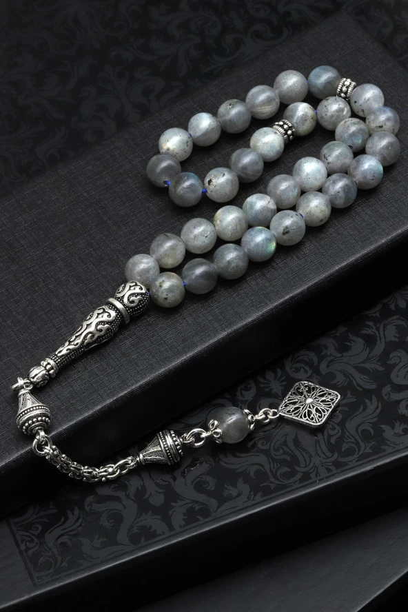 Labradorit Doğal Taş Tesbih 925 Ayar Gümüş 8 mm Küre Kesim
