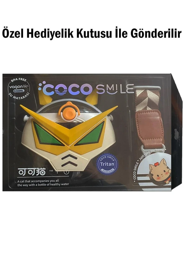 CocoSmile Özel Kutulu 630 ML Pipetli Robot Temalı Tritan Su Matarası -Boyun Askılı Beyaz - 2