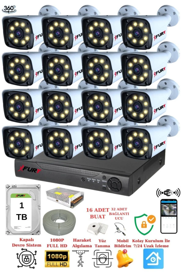 FURY 16 Kameralı 5mp Lens 1080p 2mp Color Görüntü 8 Warm Led Gece Görüş Fullhd Güvenlik Kamera 5520w 1TB ürün görseli