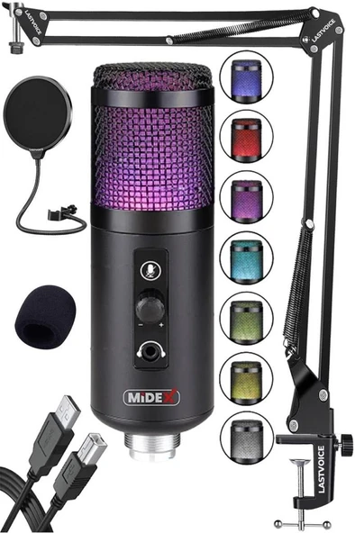 Midex V5 RGB Set USB Oyuncu ve Yayıncı Mikrofonu Condenser Stüdyo (Kayıt Gaming Tiktok Twitch Canlı yayın Discord Youtube) ürün görseli 1
