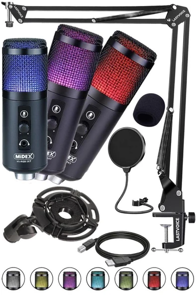 Midex V5 RGB Set USB Oyuncu ve Yayıncı Mikrofonu Condenser Stüdyo (Kayıt Gaming Tiktok Twitch Canlı yayın Discord Youtube) - Resim 2