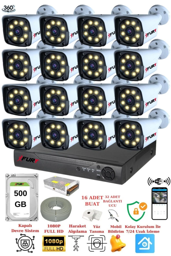 FURY 16 Kameralı 5mp Lens 1080p 2mp Color Görüntü 8 Warm Led Gece Görüş Fullhd Güvenlik Kamera 5520w 500