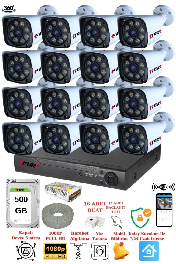 FURY 16 Kameralı 5mp Lens 1080p 2mp Color Görüntü 8 Warm Led Gece Görüş Fullhd Güvenlik Kamera 5520w 500 - Resim 2