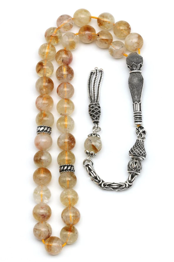 Sitrin Doğal Taş Tesbih 925 Ayar Gümüş 8 mm Küre Kesim - Resim 2