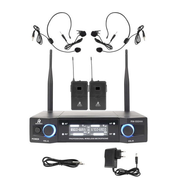 Rennes RM-550HH UHF Çiftli Yaka ve headset Telsiz Kablosuz Mikrofon Seti