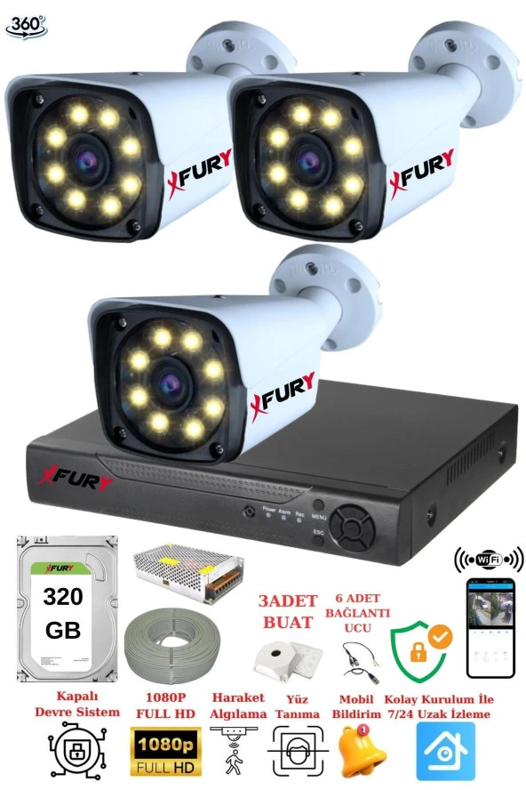 FURY 3 Kameralı 5mp Lens 1080p 2mp Color Görüntü 8 Warm Led Gece Görüş Fullhd Güvenlik Kamera 5520w 320 ürün görseli