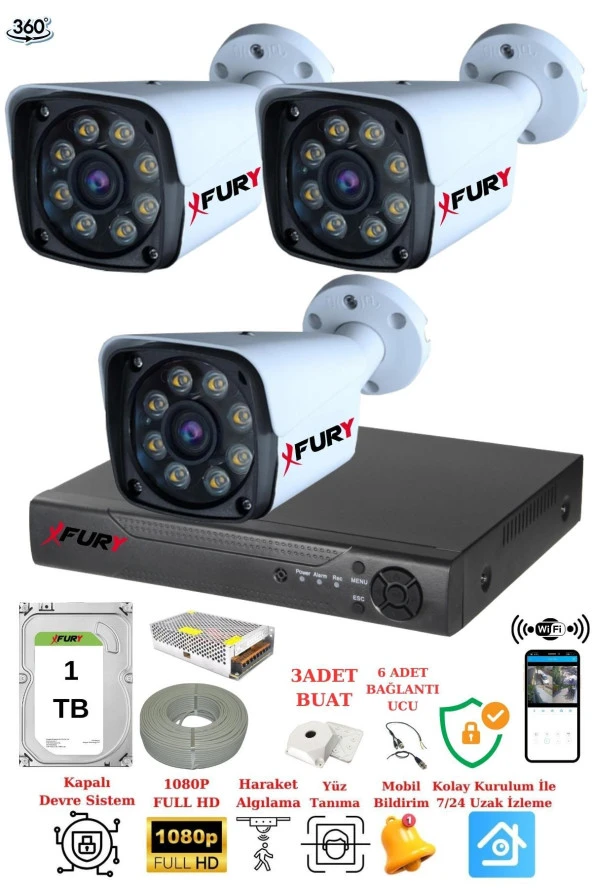 FURY 3 Kameralı 5mp Lens 1080p 2mp Color Görüntü 8 Warm Led Gece Görüş Fullhd Güvenlik Kamera 5520w 1TB - Resim 2