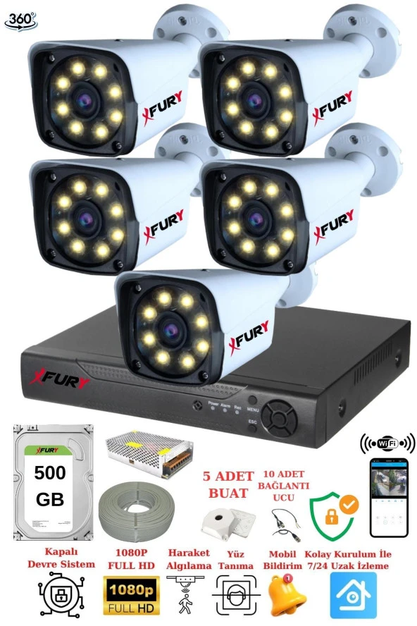 FURY 5 Kameralı 5mp Lens 1080p 2mp Color Görüntü 8 Warm Led Gece Görüş Fullhd Güvenlik Kamera 5520w 500