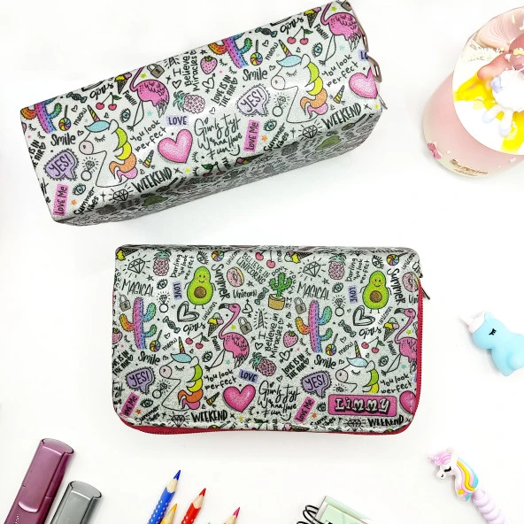 Simli Işıltılı Avokado Unicorn Flamingo Kalem Kutusu Vegan Deri Kalemkutu Üç Bölmeli Kalemlik - Pembe - Resim 2