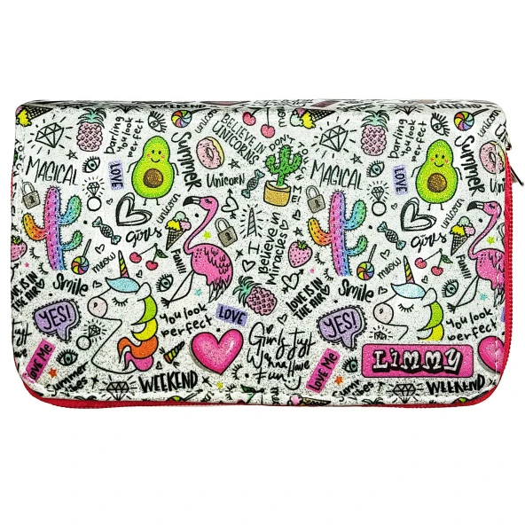 Simli Işıltılı Avokado Unicorn Flamingo Kalem Kutusu Vegan Deri Kalemkutu Üç Bölmeli Kalemlik - Pembe - Resim 3