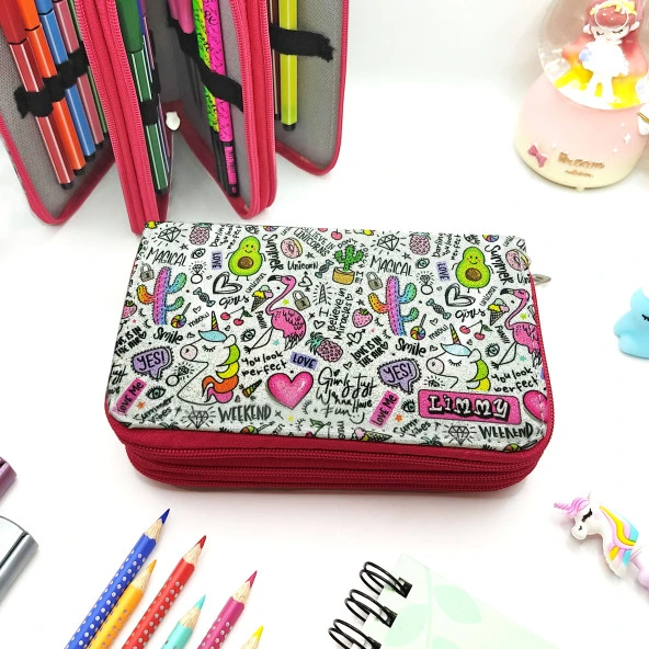 Simli Işıltılı Avokado Unicorn Flamingo Kalem Kutusu Vegan Deri Kalemkutu Üç Bölmeli Kalemlik - Pembe - Resim 4