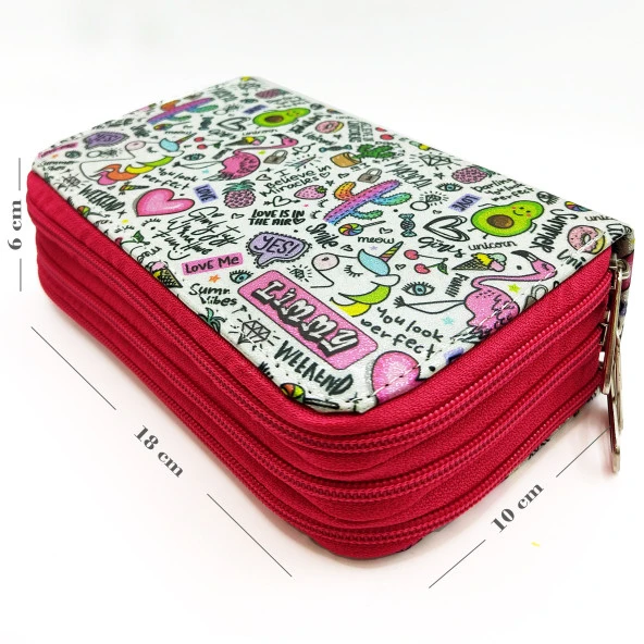 Simli Işıltılı Avokado Unicorn Flamingo Kalem Kutusu Vegan Deri Kalemkutu Üç Bölmeli Kalemlik - Pembe - Resim 5