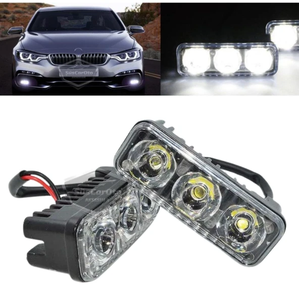 DRL 3 Led Mercekli Araba Gündüz Farı Araç Motosiklet Gündüz Ledi Oto DRL Led Lamba Güçlü Işık 12V Su Geçirmez Metal Beyaz 2 Adet