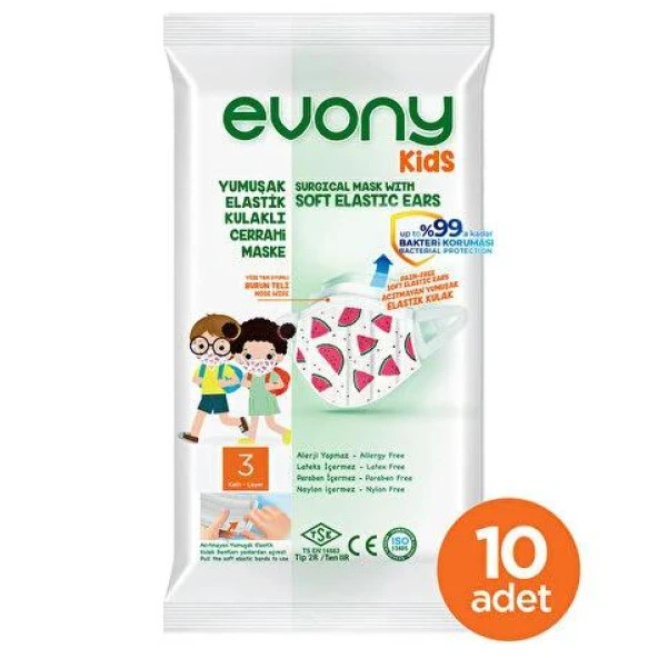 Evony Kids Elastik Kulaklıklı Cerrahi Çocuk Maskesi 10'lu x 4 paket