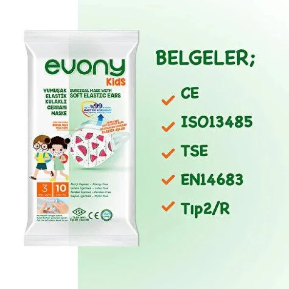 Evony Kids Elastik Kulaklıklı Cerrahi Çocuk Maskesi 10'lu x 4 paket - 3