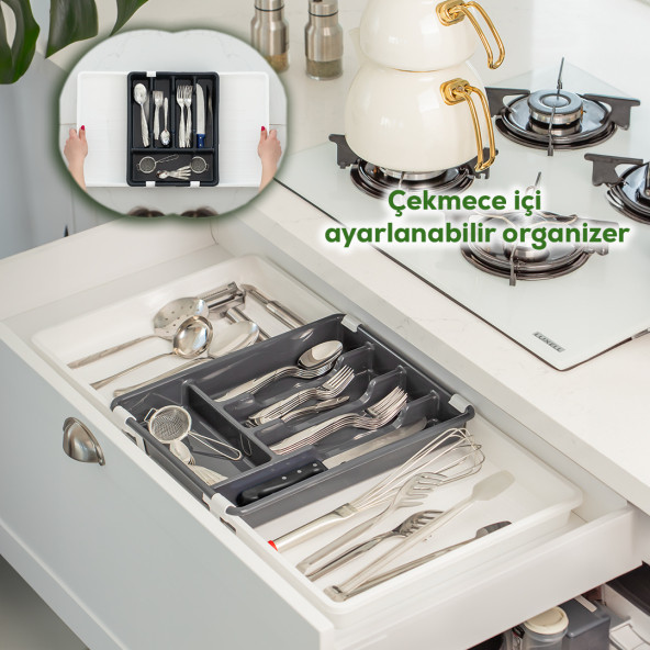 Porsima Çok Fonksiyonlu Çift Açılır Kaşıklık Çekmece İçi Ayarlanabilir Pratik 5 Bölmeli Organizer - 2