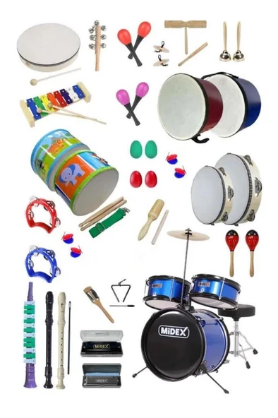 Midex Örf Aletleri Seti Overmuch Paket-3 Marakas Zil Üçgen Ksilofon Melodika Mızıka Davul Flüt (32 Parça) ürün görseli