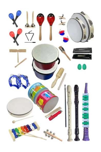 Midex Örf Aletleri Seti Overmuch Paket-2 Marakas Zil Üçgen Ksilofon Melodika Mızıka Davul Flüt (30 Parça) ürün görseli