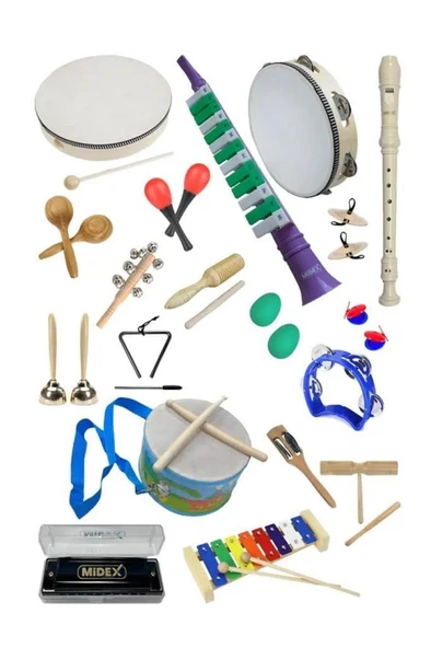 Midex Örf Aletleri Seti Over Paket-2 Marakas Zil Üçgen Ksilofon Melodika Mızıka Davul Flüt (20 Parça) ürün görseli 1