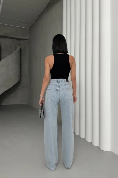 Cep Kenarları Taş Detaylı ve Yüksek Belli Cepli Rahat Kot Kadın Pantolon Kar Yıkama Açık Mavi Denim - 4