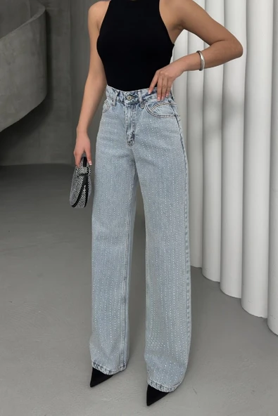 Cep Kenarları Taş Detaylı ve Yüksek Belli Cepli Rahat Kot Kadın Pantolon Kar Yıkama Açık Mavi Denim - 6