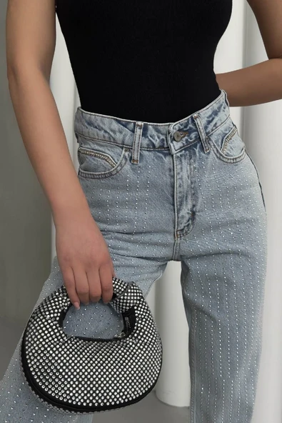 Cep Kenarları Taş Detaylı ve Yüksek Belli Cepli Rahat Kot Kadın Pantolon Kar Yıkama Açık Mavi Denim - 5