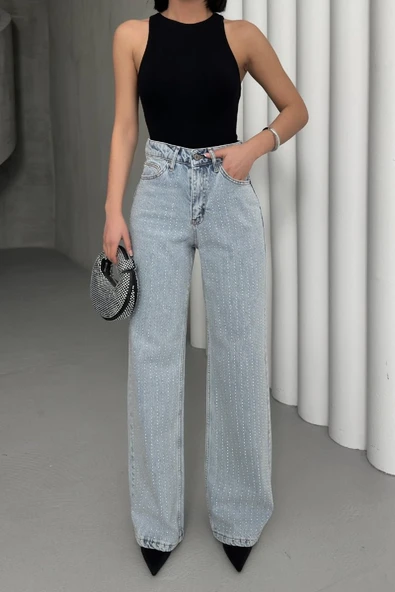 Cep Kenarları Taş Detaylı ve Yüksek Belli Cepli Rahat Kot Kadın Pantolon Kar Yıkama Açık Mavi Denim - 2