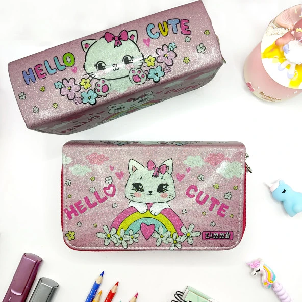 Simli Işıltılı Kitty Hello Cute Kalem Kutusu Vegan Deri Kalemkutu Üç Bölmeli Kalemlik -Pembe - Resim 2