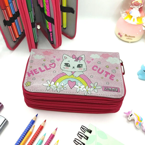 Simli Işıltılı Kitty Hello Cute Kalem Kutusu Vegan Deri Kalemkutu Üç Bölmeli Kalemlik -Pembe - Resim 4