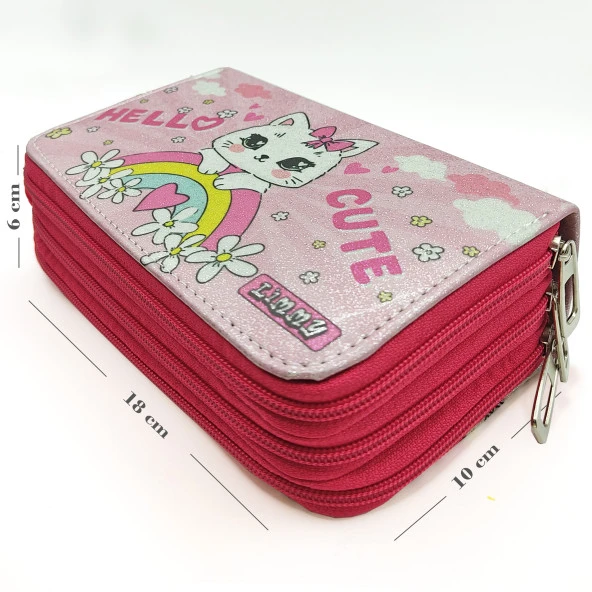 Simli Işıltılı Kitty Hello Cute Kalem Kutusu Vegan Deri Kalemkutu Üç Bölmeli Kalemlik -Pembe - Resim 5