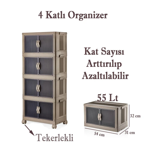 4 Katlı Dolap Saklama Kutusu Sepet Organizer Kapaklı Depolama Düzenleyici Kutu Raf Tekerlekli Toprak - 4
