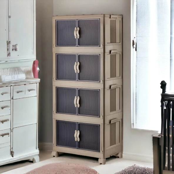 4 Katlı Dolap Saklama Kutusu Sepet Organizer Kapaklı Depolama Düzenleyici Kutu Raf Tekerlekli Toprak - 5