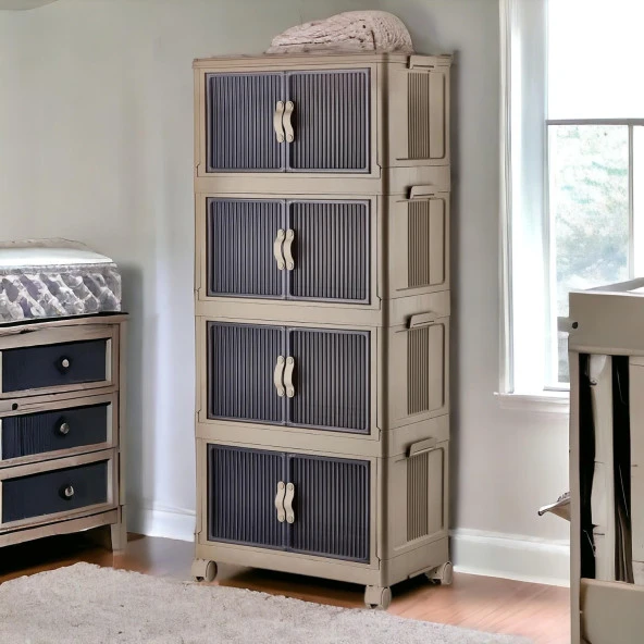 4 Katlı Dolap Saklama Kutusu Sepet Organizer Kapaklı Depolama Düzenleyici Kutu Raf Tekerlekli Toprak - 6