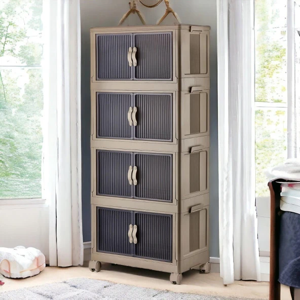 4 Katlı Dolap Saklama Kutusu Sepet Organizer Kapaklı Depolama Düzenleyici Kutu Raf Tekerlekli Toprak - 7